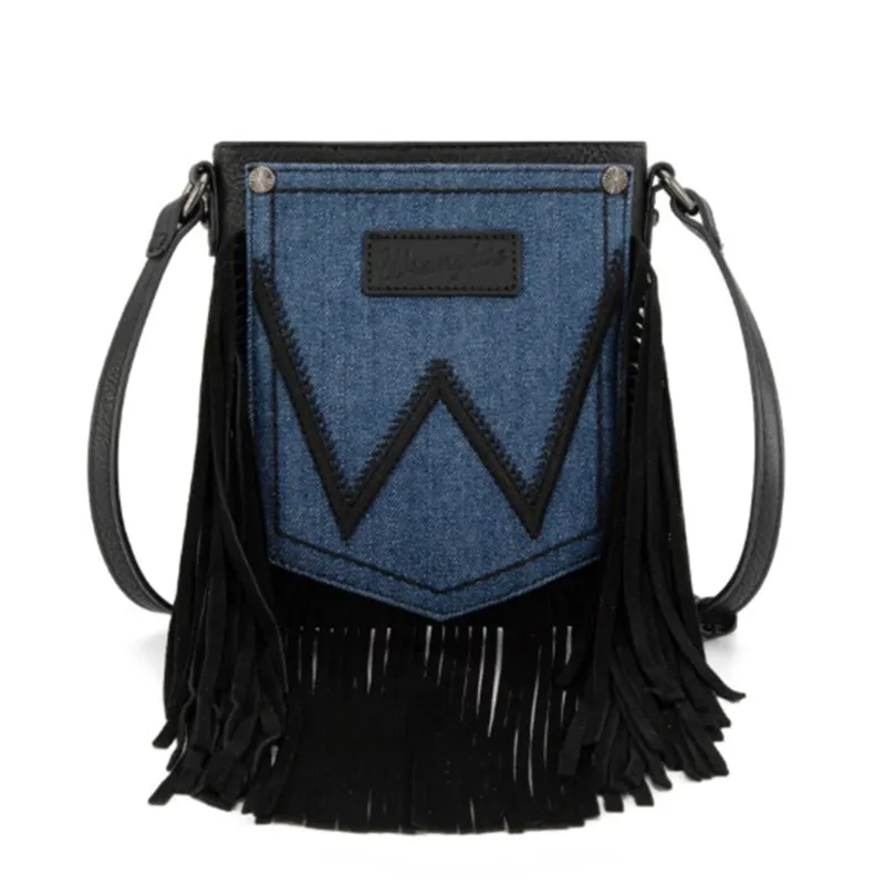 Wrangler Black Leather Fringe Denim Purse made by Wrangler