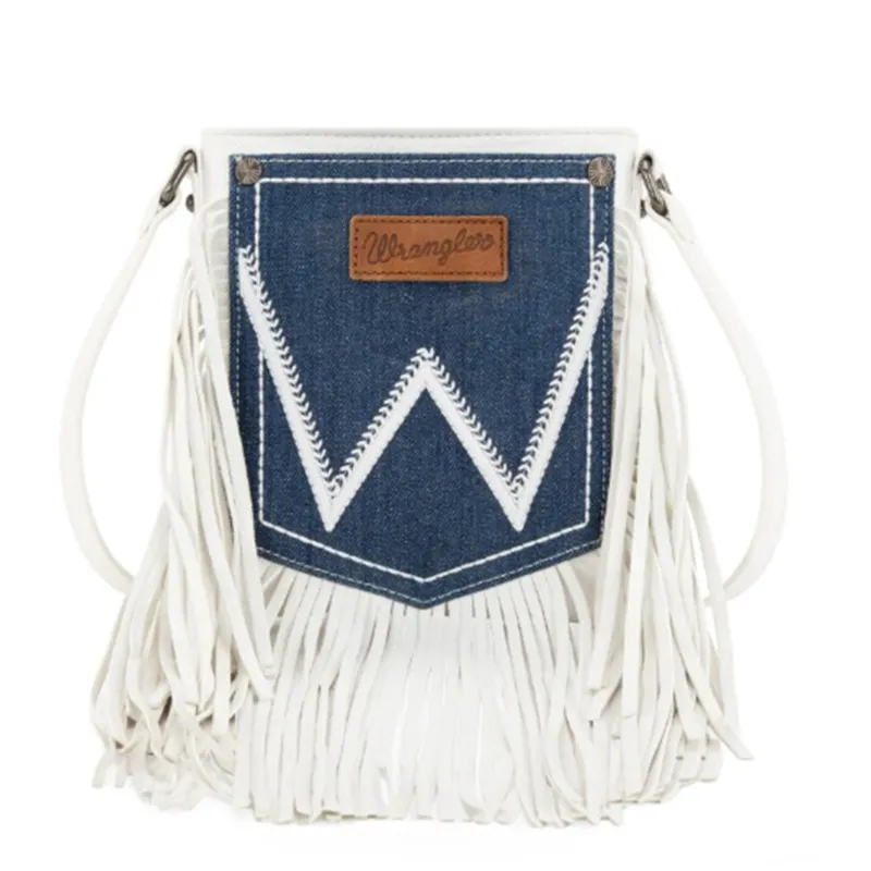 Wrangler White Leather Fringe Denim Purse made by Wrangler