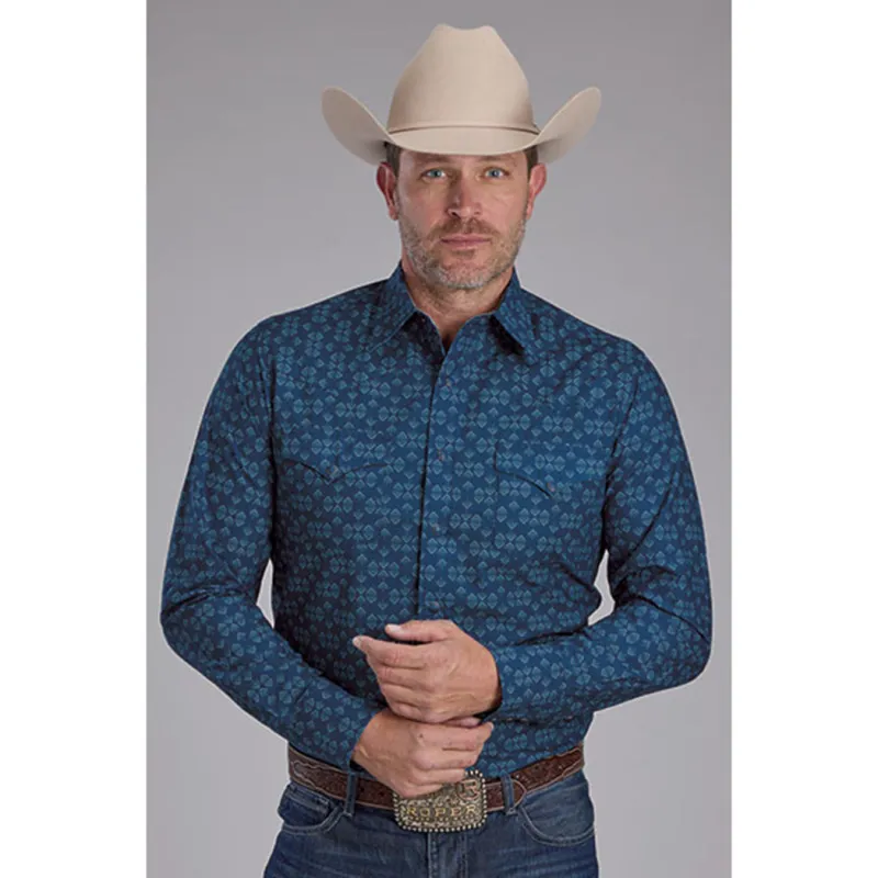 Men's Blue Diamond Print Long Sleeve Shirt made by Western Edge