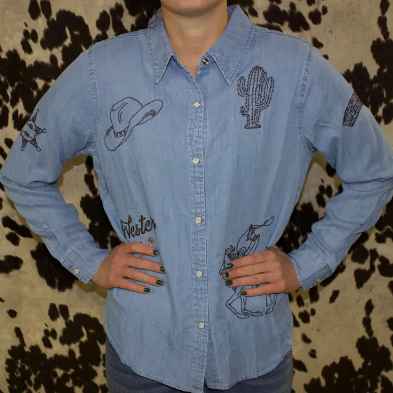 Western Denim Embroidered Long Sleeve Shirt made by Blue B