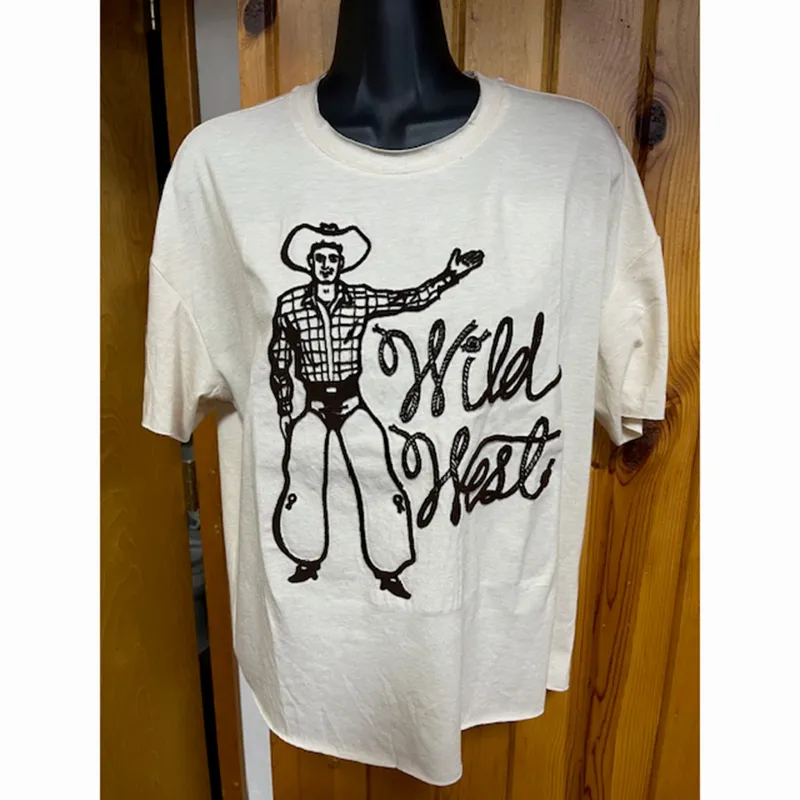 Cream with Brown Wild West Long Crop Tee made by Western Edge