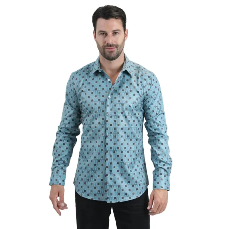 Men's Blue & Brown Geo Print Shirt made by Western Edge