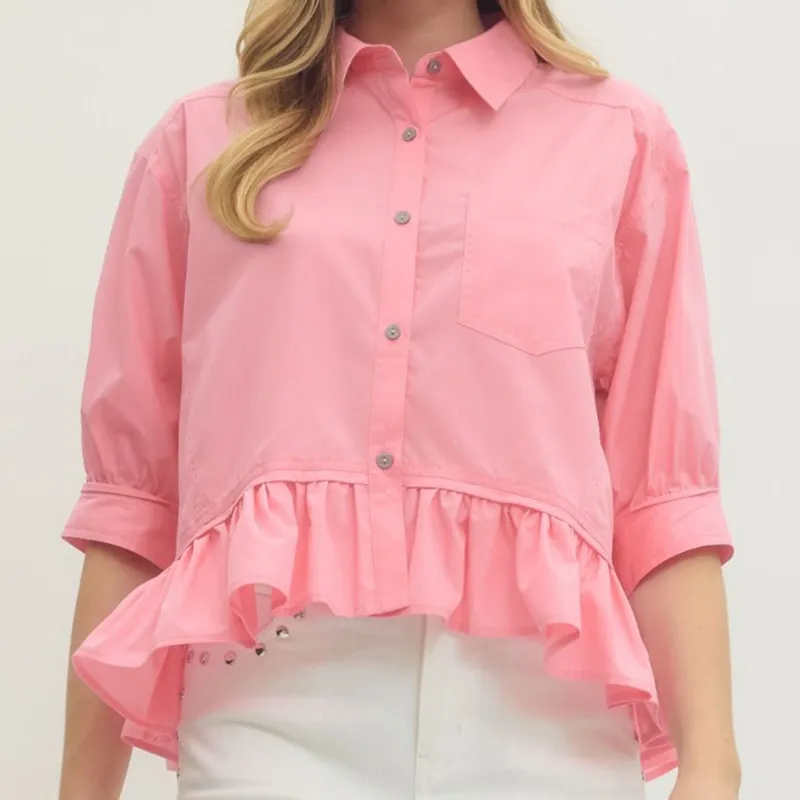Solid Pink Ruffle 3/4 Sleeve made by entro