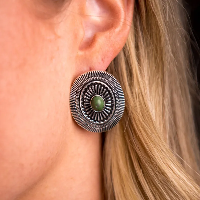 West & Co. Oval Concho & Green Stone Earrings made by Western Edge