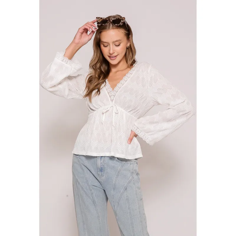 Off White Textured Lace Trim Blouse made by Timing