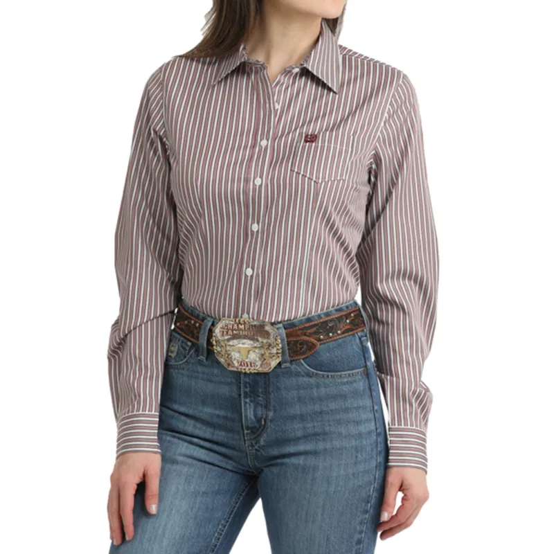 Women's Cinch Burgundy Striped Tencel Long Sleeve Shirt made by Cinch