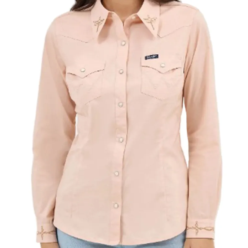 Wrangler Solid Pink Pearl Snap with Embroidered Cuffs and Collar made by Wrangler