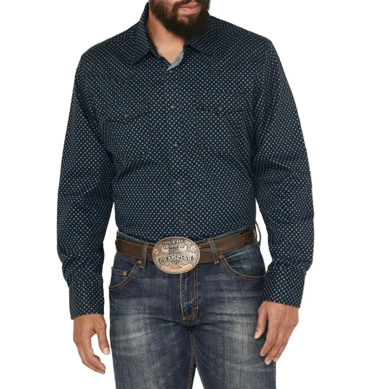 Wrangler Navy Geo Print Pearl Snap made by Wrangler