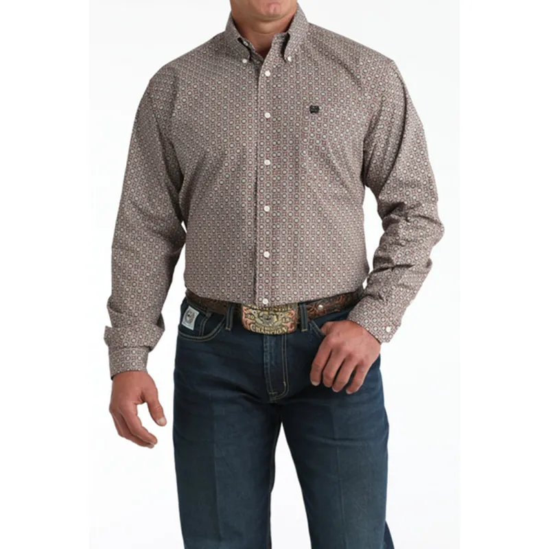 Men's Cinch Light Burgundy Geometric Print Long Sleeve Shirt sold by Western Edge