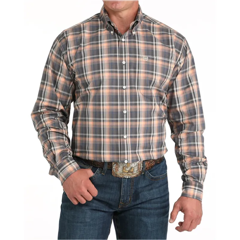 Men's Cinch Classic Fit Peach Plaid Long Sleeve Shirt made by Cinch