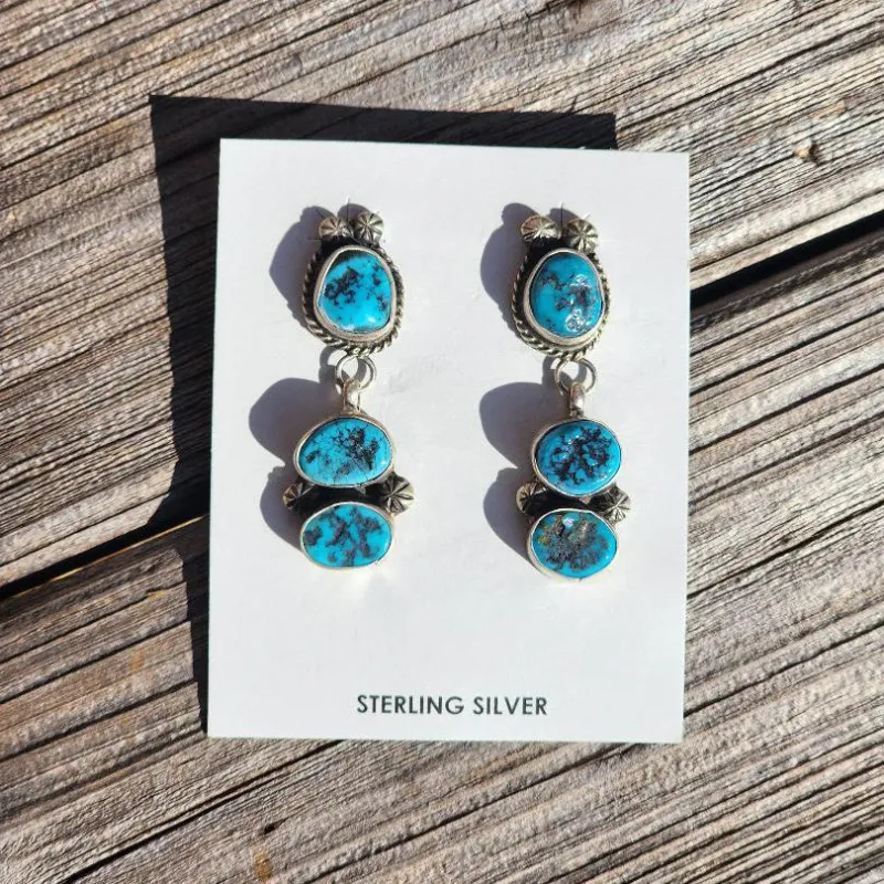 "Netta " 3 Stone Kingman Turquoise Dangles made by Western Edge
