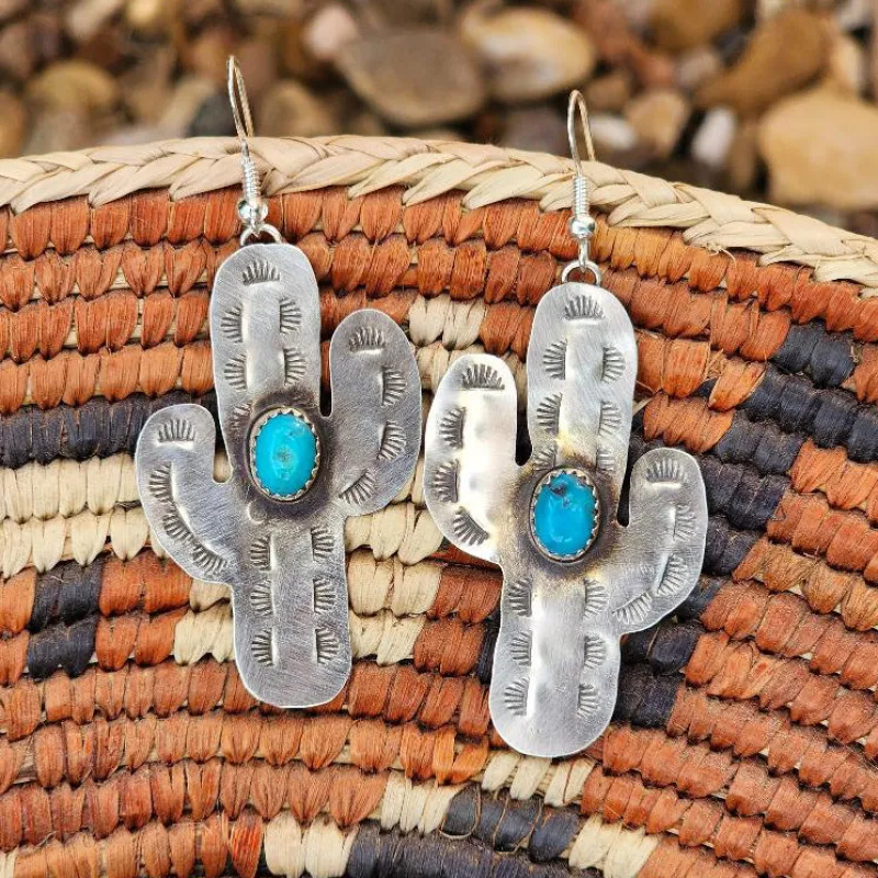 " Call " Cactus Silver & Turquoise Earrings sold by Western Edge