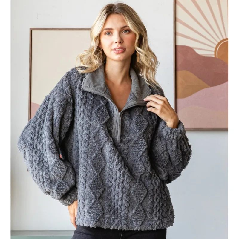 Veveret Grey Quarter Zip Sherpa Sweater sold by Western Edge