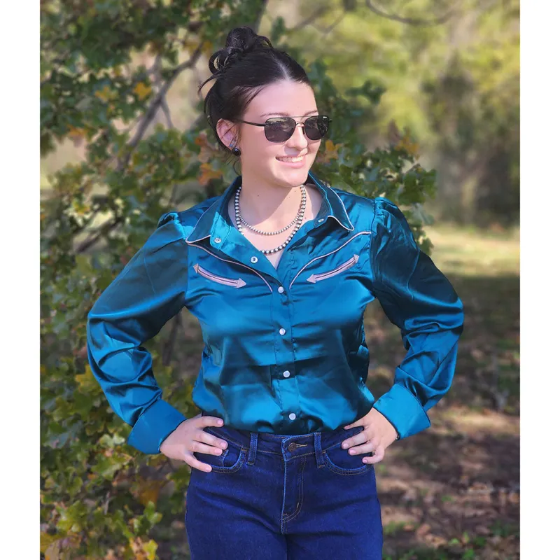 Women's Teal Satin Yoke Long Sleeve made by Western Edge