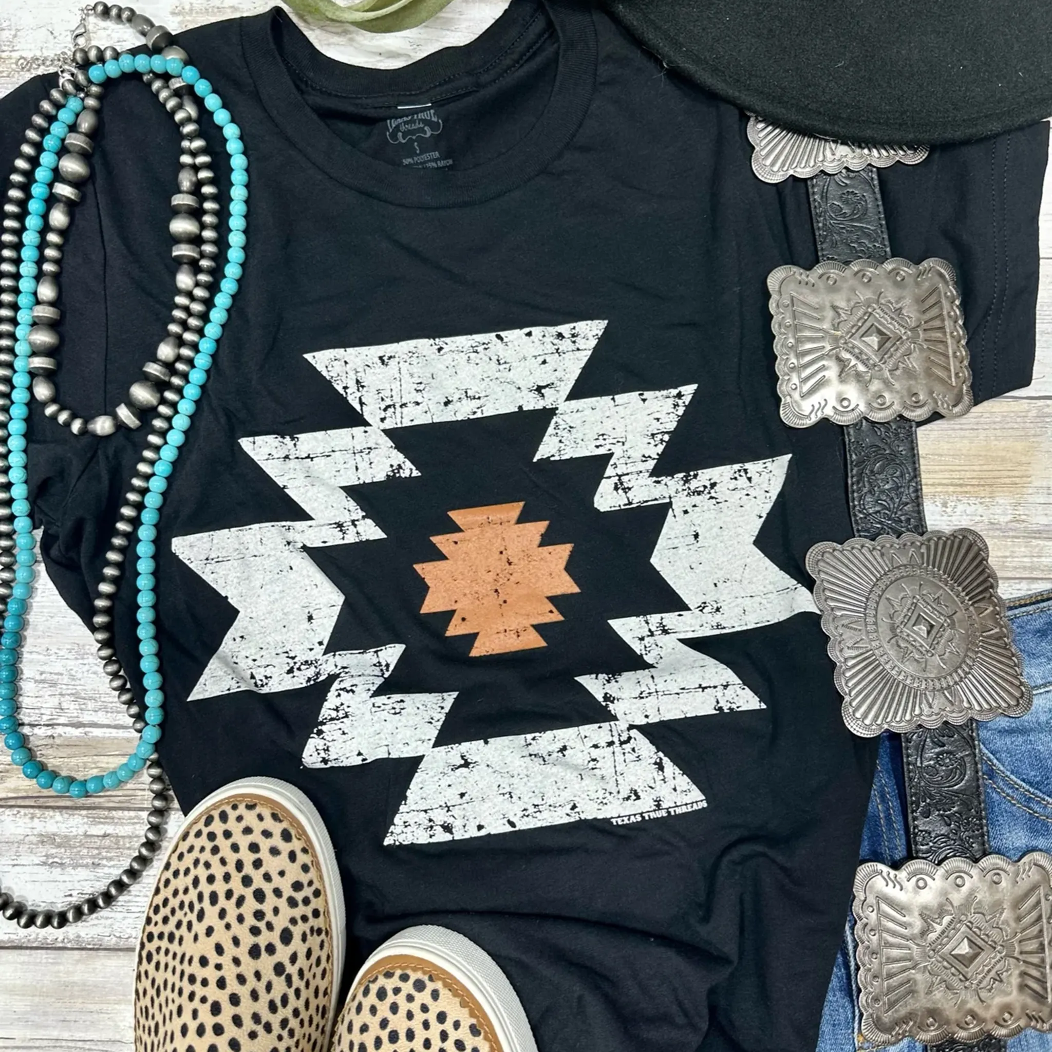 Women's Black & White & Tan Aztec Tee sold by Western Edge