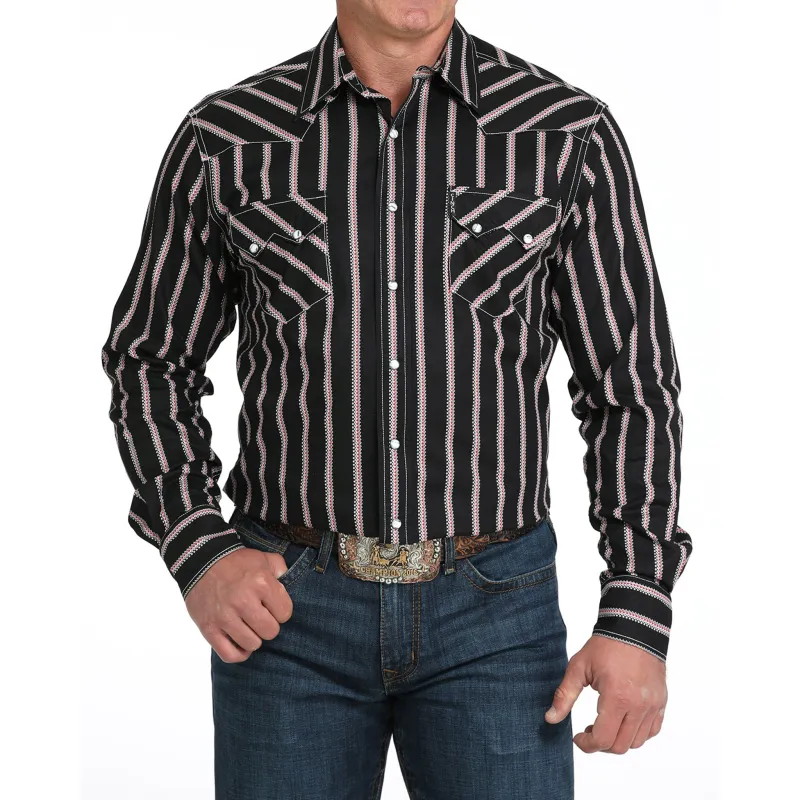 Cinch Black/Red/White Geometric Striped Long Sleeve Shirt sold by Western Edge