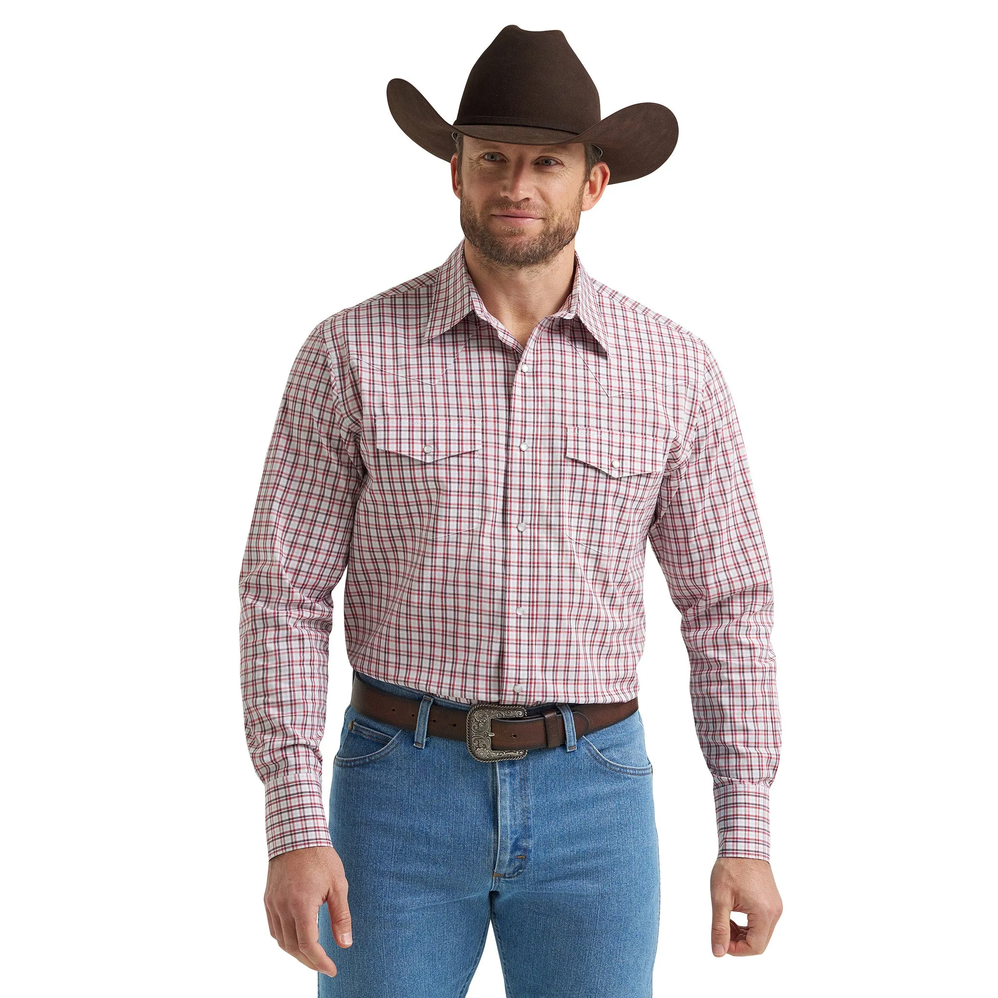 Wrangler White/Gray and Red Plaid Shirt sold by Western Edge