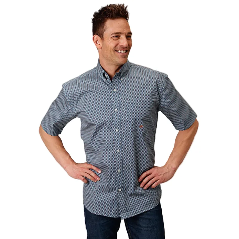 Roper Blue & Orange Geo Print Short Sleeve Shirt made by Roper