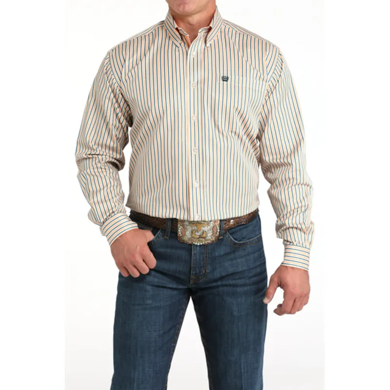 Cinch Men's Tencel Cream Stripe Print Long Sleeve Shirt made by Cinch