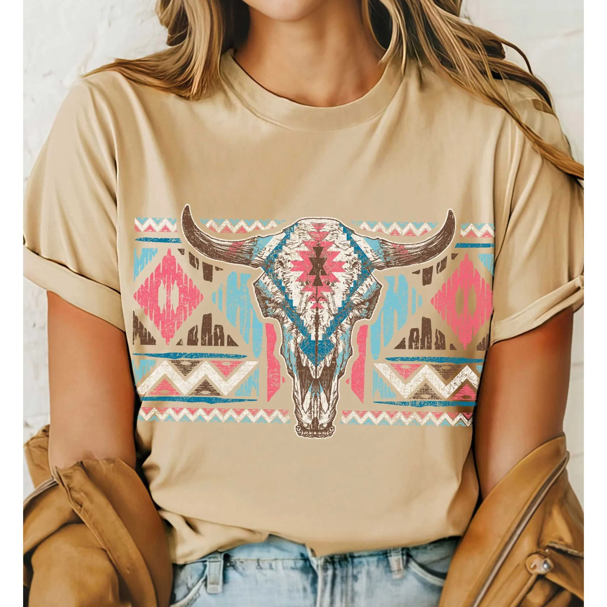 Tan Aztec Steer Head Skull Tee sold by Western Edge