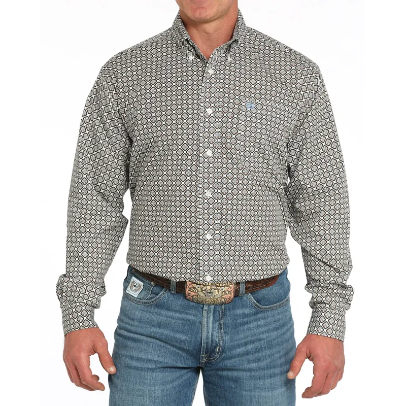 Cinch Cream and Tan Geo Print Long Sleeve Shirt sold by Western Edge