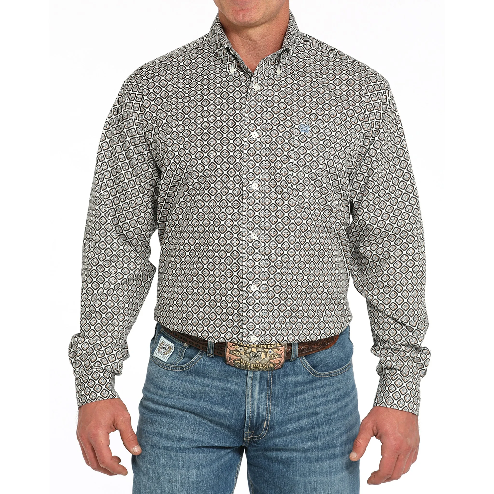 Cinch Cream and Tan Geo Print Long Sleeve Shirt sold by Western Edge