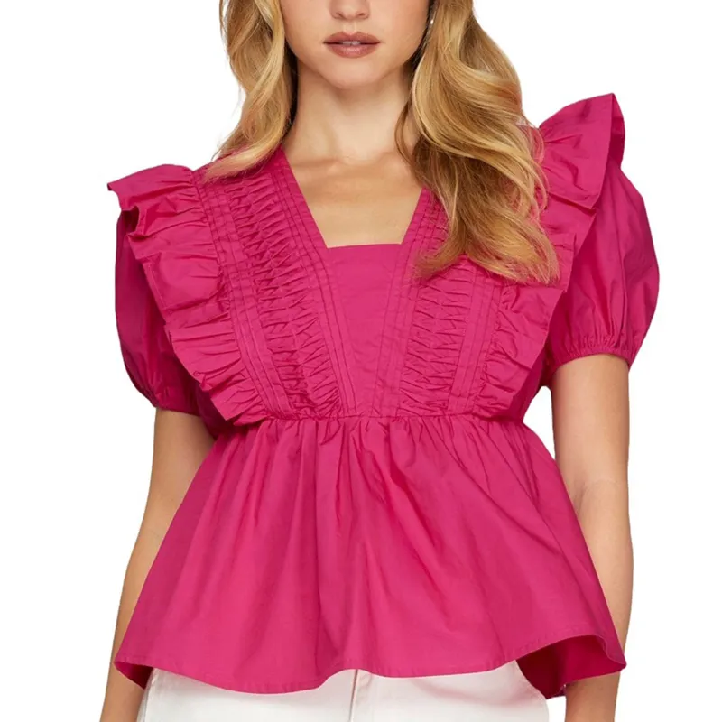 Hot Pink Pintuck Yoke Ruffle Sleeve Top made by She and Sky
