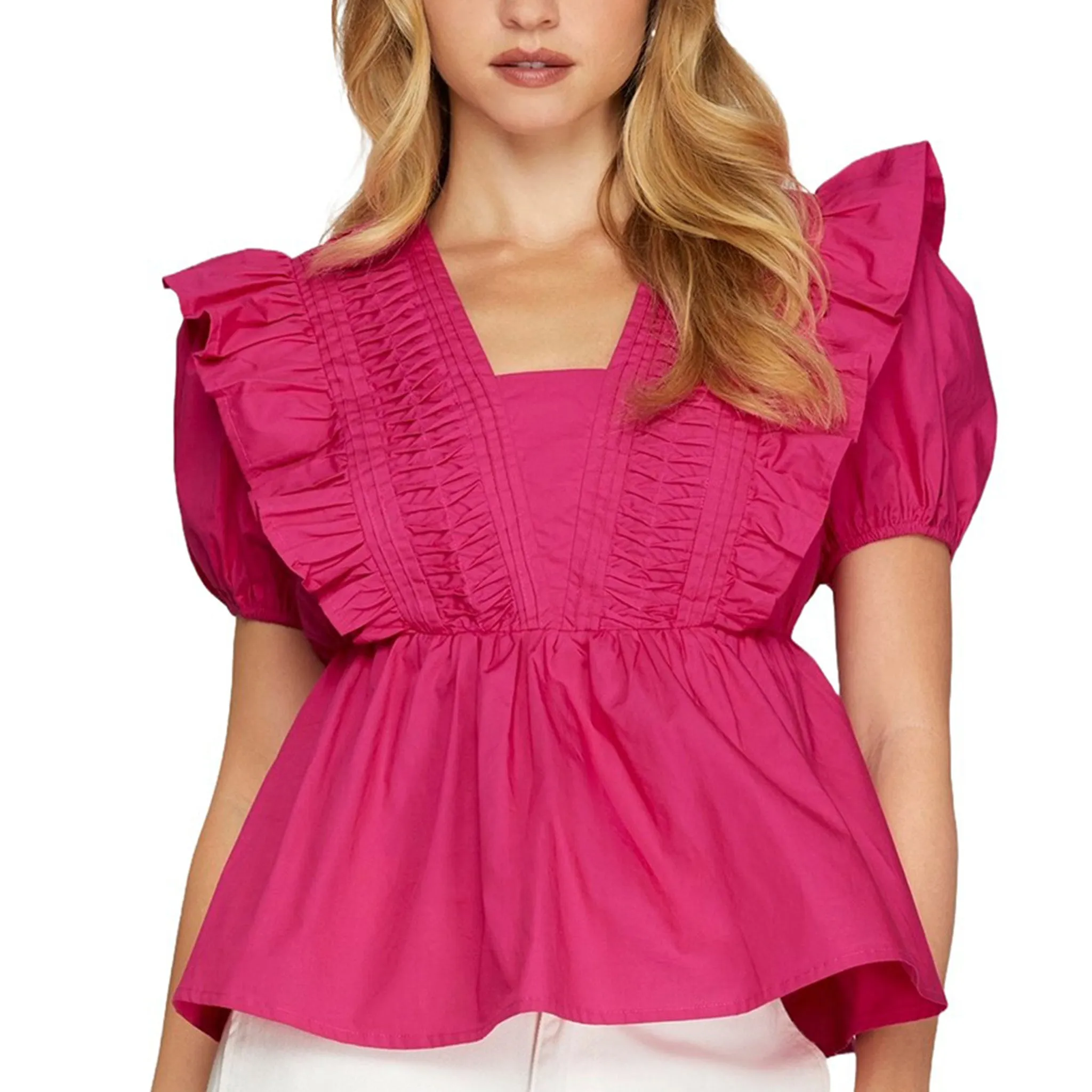 Hot Pink Pintuck Yoke Ruffle Sleeve Top sold by Western Edge