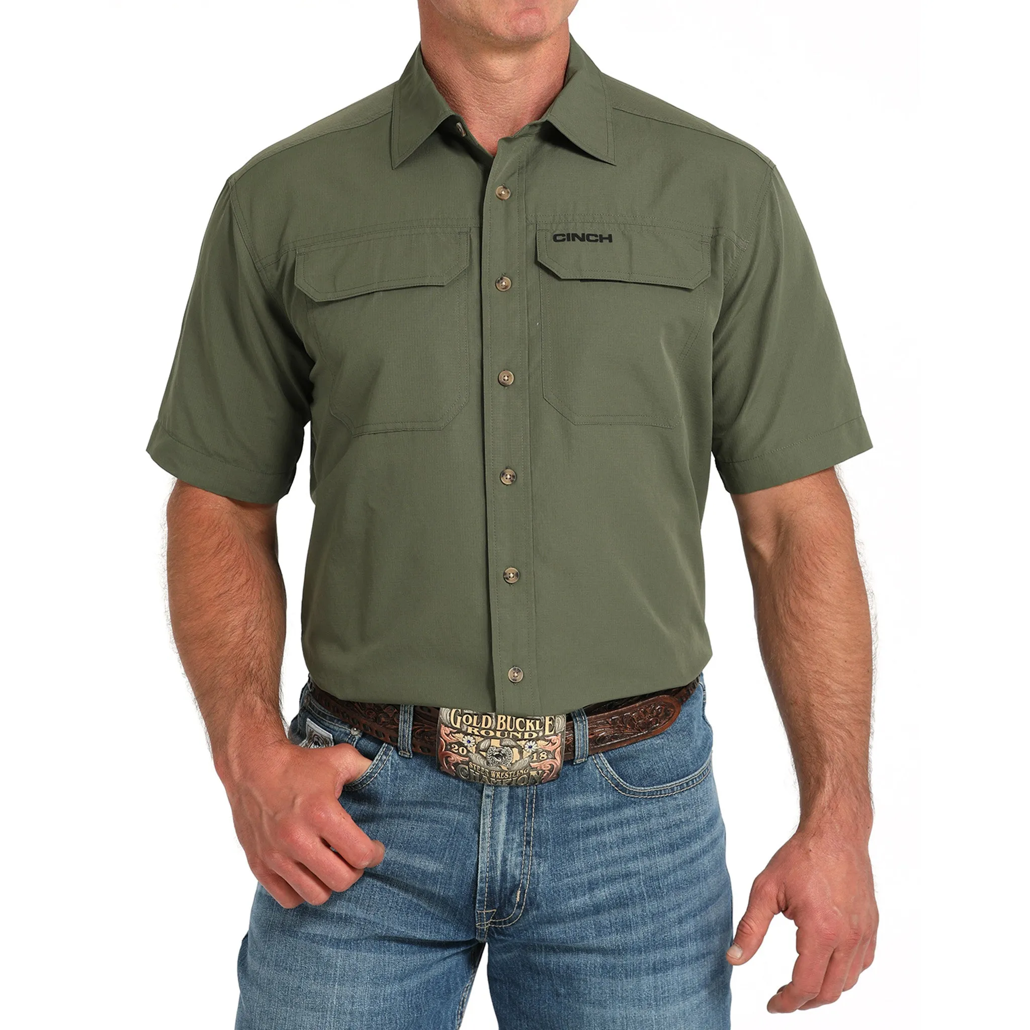 Cinch Olive Green Arena Flex Short Sleeve Button Down sold by Western Edge
