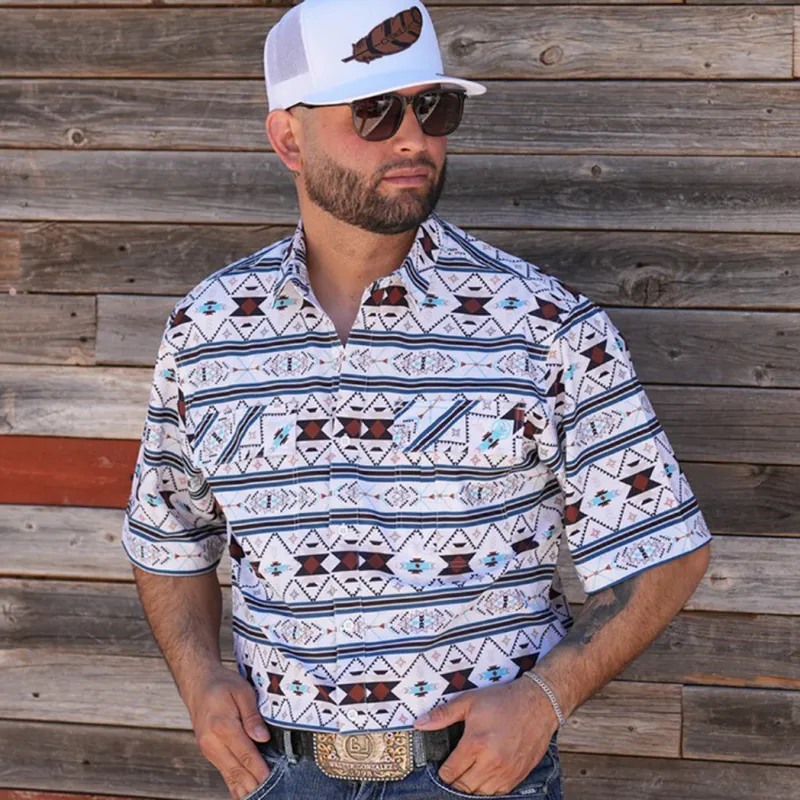 White, Brown and Turquoise Aztec Short Sleeve Shirt made by Western Edge