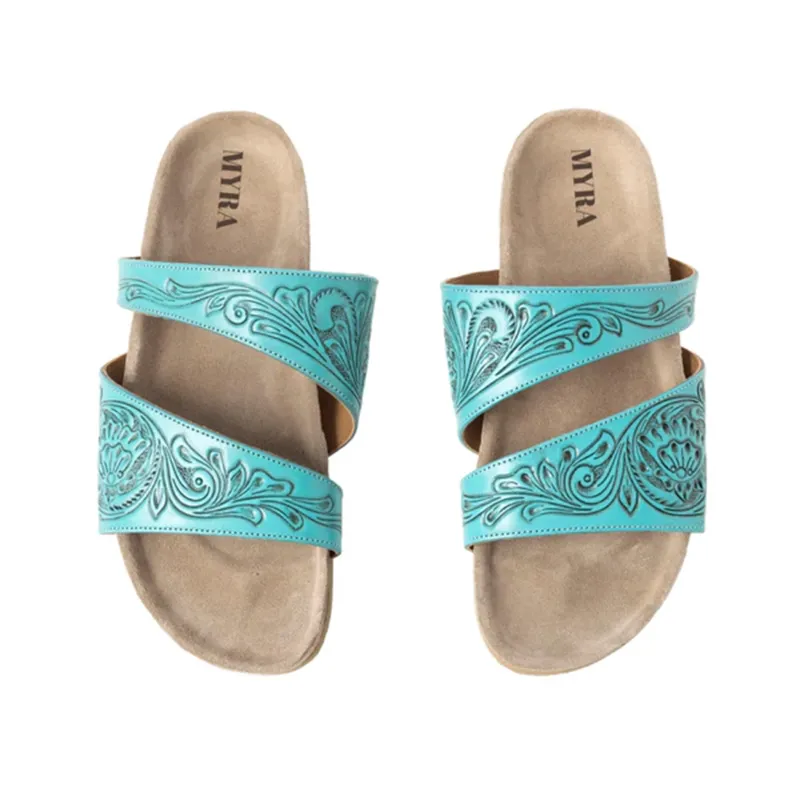 Myra Turquoise Tooled Double Strap Sandals made by Myra Bag