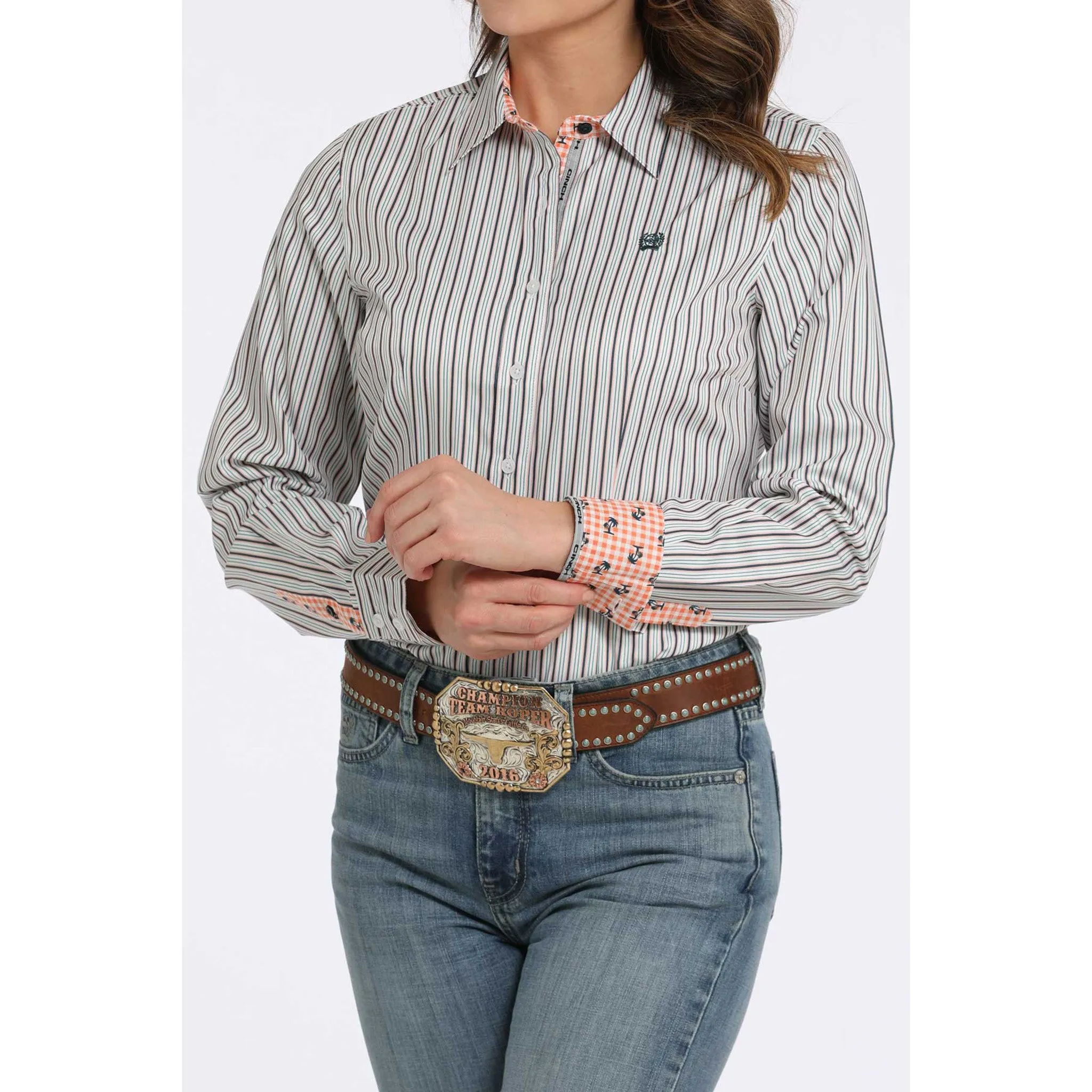 Cinch Women's Long Sleeve White Stripe Button Down sold by Western Edge product image thumbnail 2