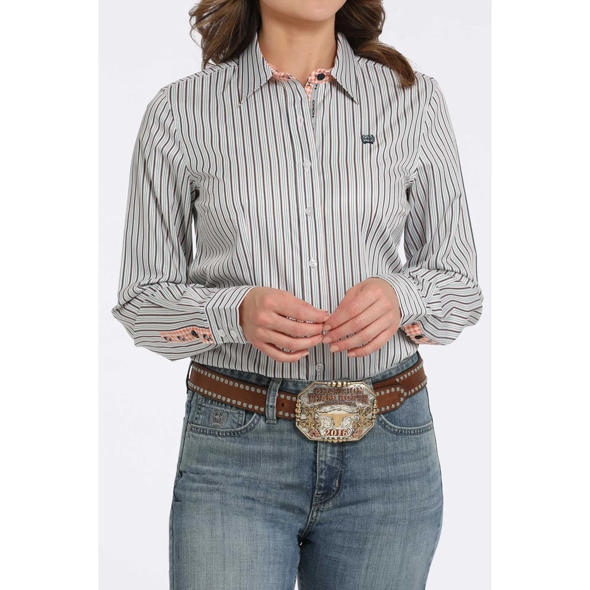 Cinch Women's Long Sleeve White Stripe Button Down sold by Western Edge