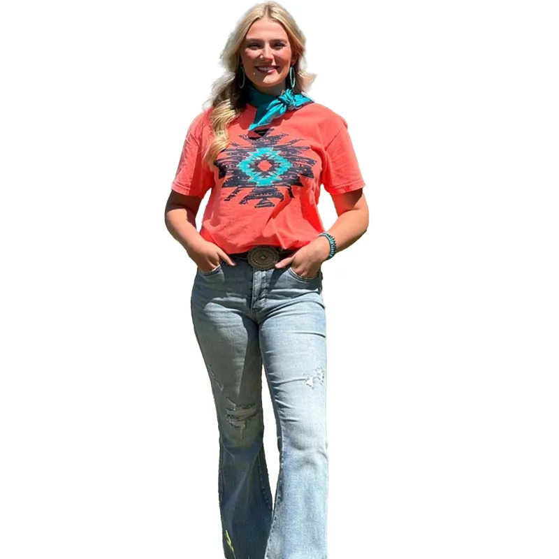 Texas True Threads Coral Aztec Tee made by Western Edge
