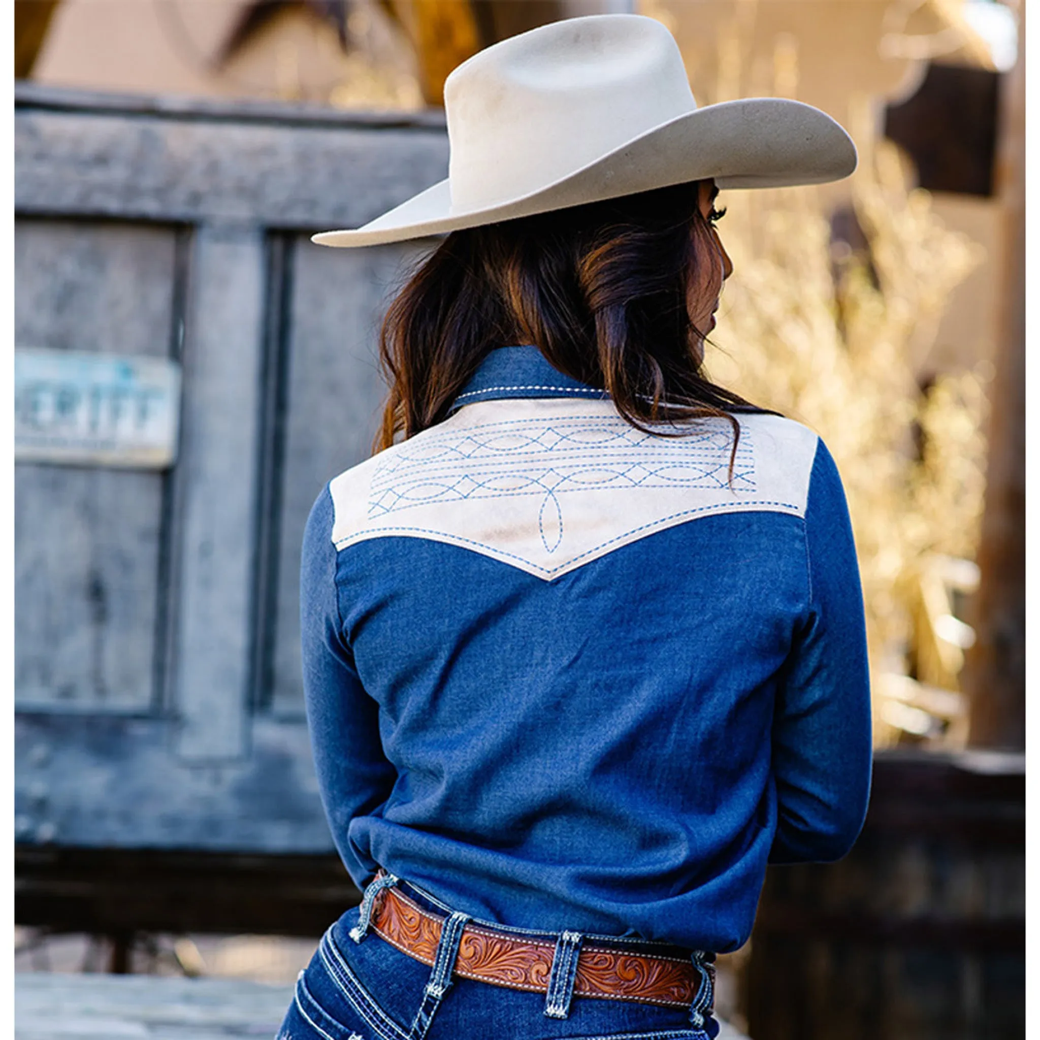 Cowgirl Tuff Denim Cream Stitch Yoke Long Sleeve Shirt sold by Western Edge product image thumbnail 2