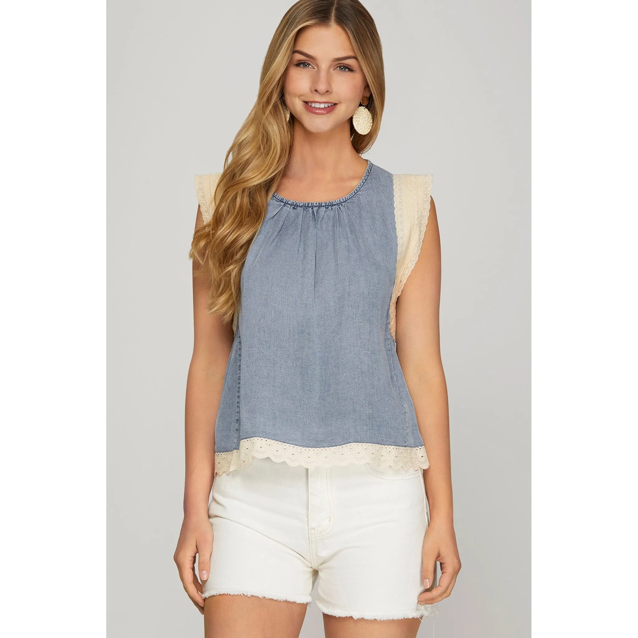 Light Blue With Crochet Trim Short Sleeve Top sold by Western Edge