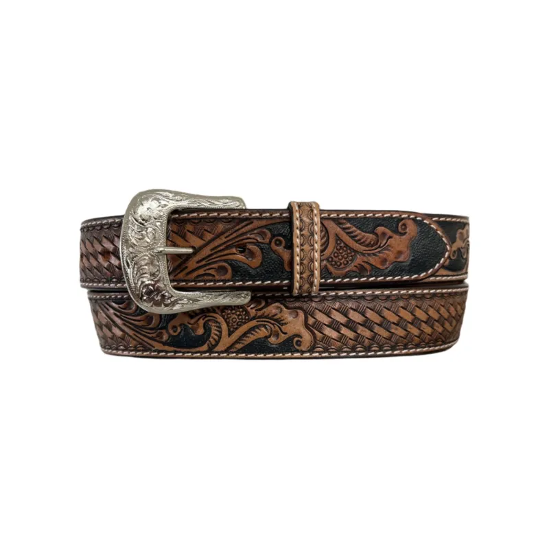Ranger Men's Brown & Black Basketweave Floral Tooled Belt made by Western Edge