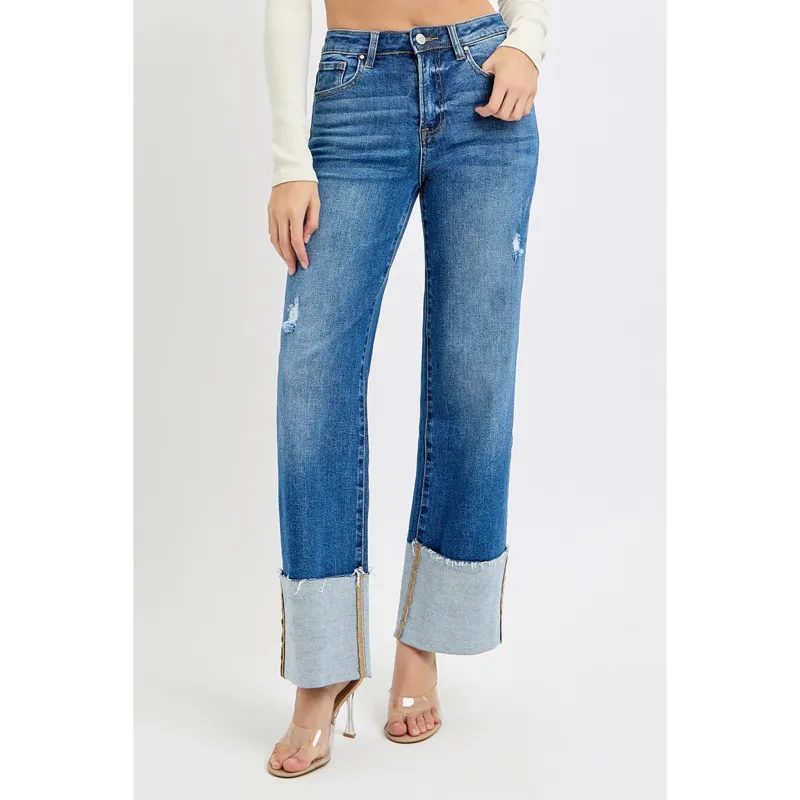Risen Women's Dark High Rise Wide Cuff Jean made by Risen