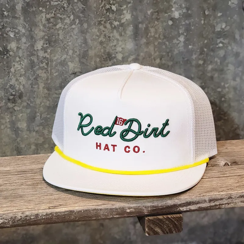 Red Dirt White Cap with Yellow Rope Green Writing (Birdie) made by Western Edge
