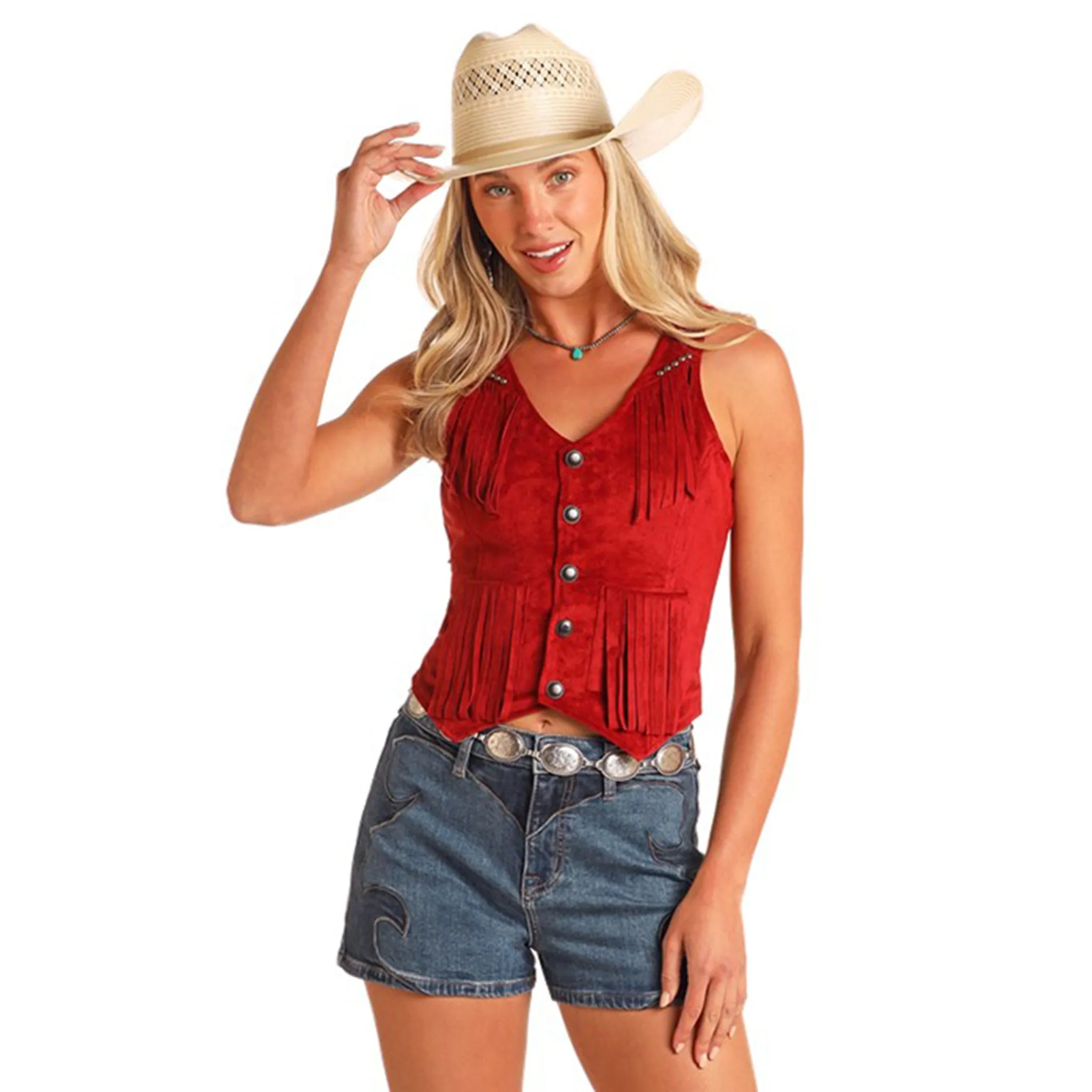 Red Studded Microsuede Fringe Vest sold by Western Edge
