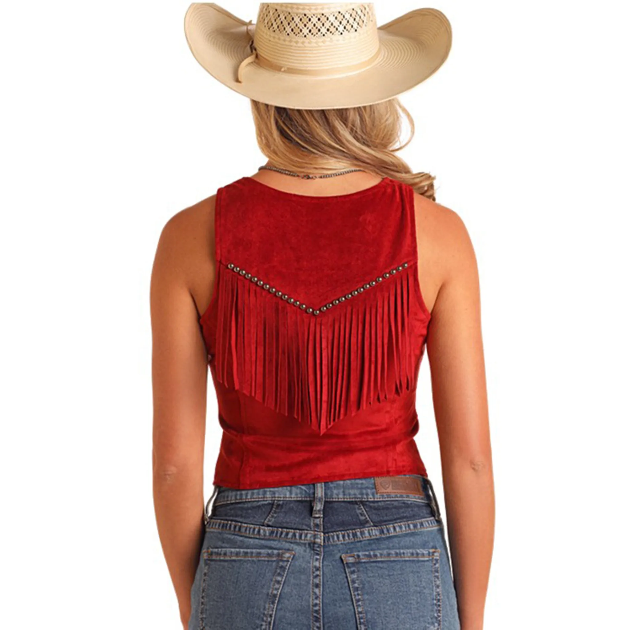 Red Studded Microsuede Fringe Vest sold by Western Edge product image thumbnail 3