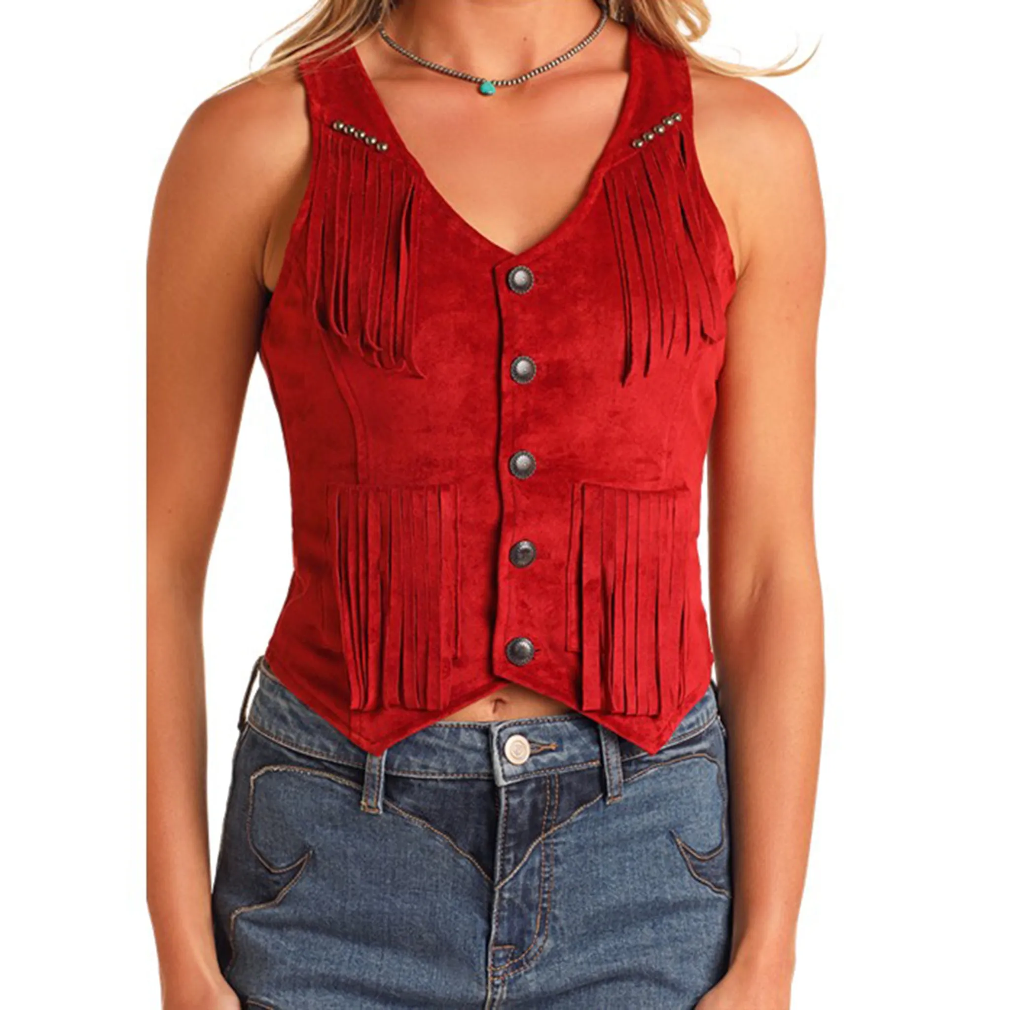 Red Studded Microsuede Fringe Vest sold by Western Edge product image thumbnail 2