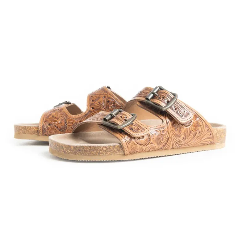 Tan Feather Tooled Double Strap Sandals made by Myra Bag