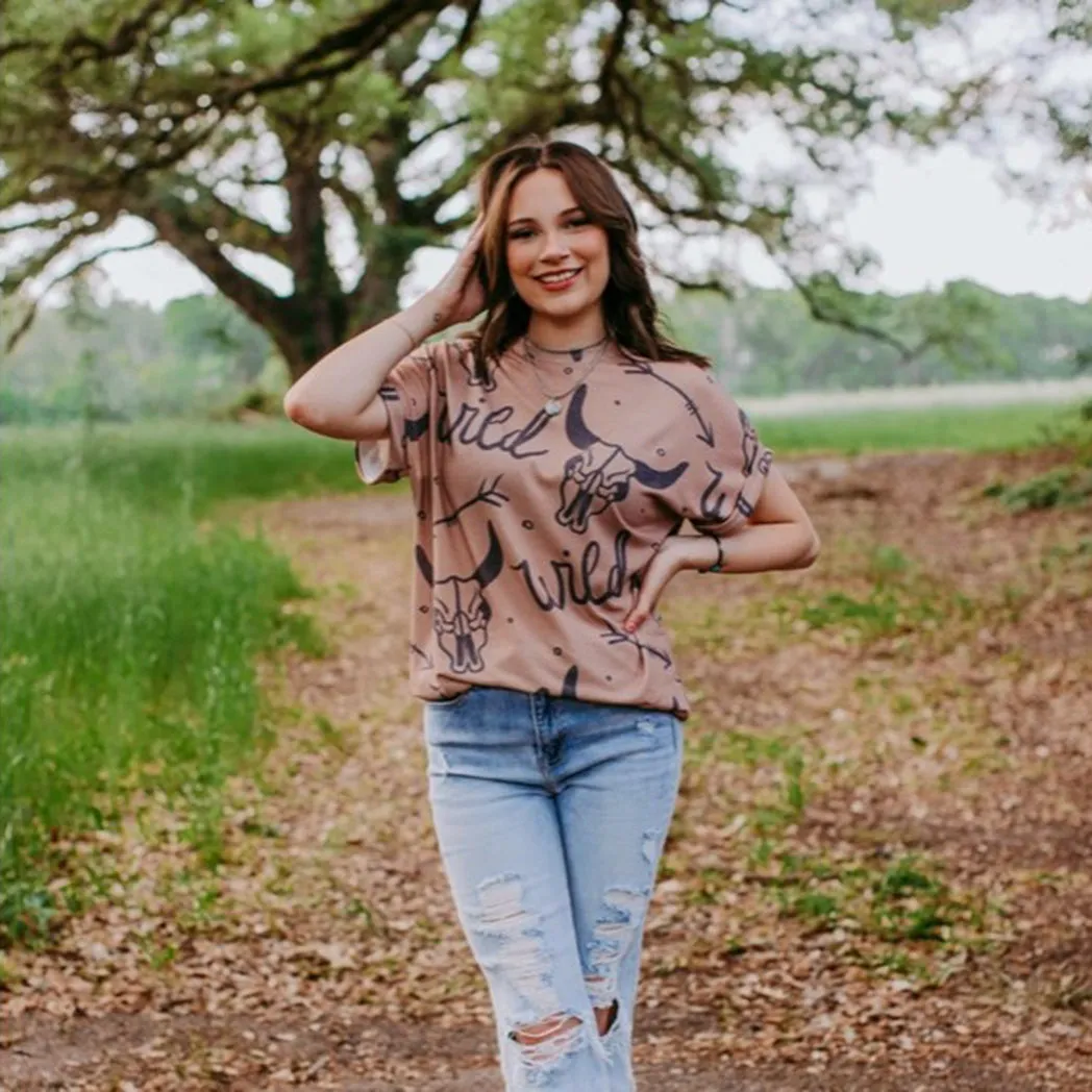 Women's Brown Wild Skull Oversized Tee sold by Western Edge