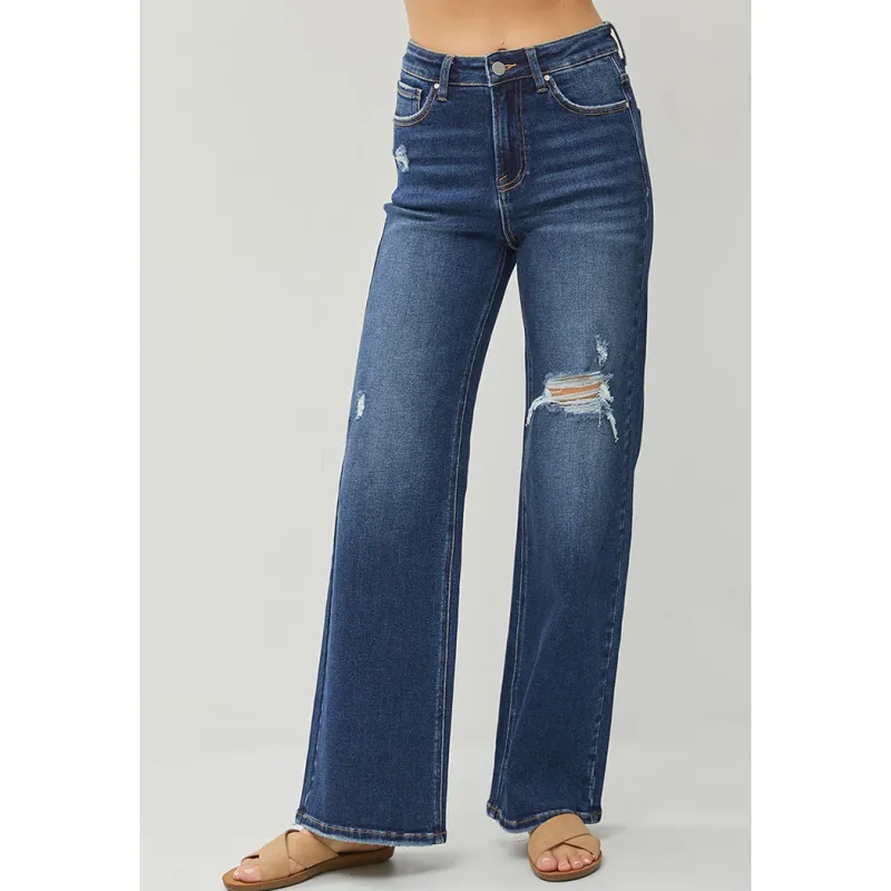 Risen High Rise Distressed Wide Leg Jeans made by Risen