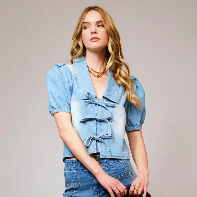 Women's Denim Collar Tie Front Short Sleeve made by Blue B