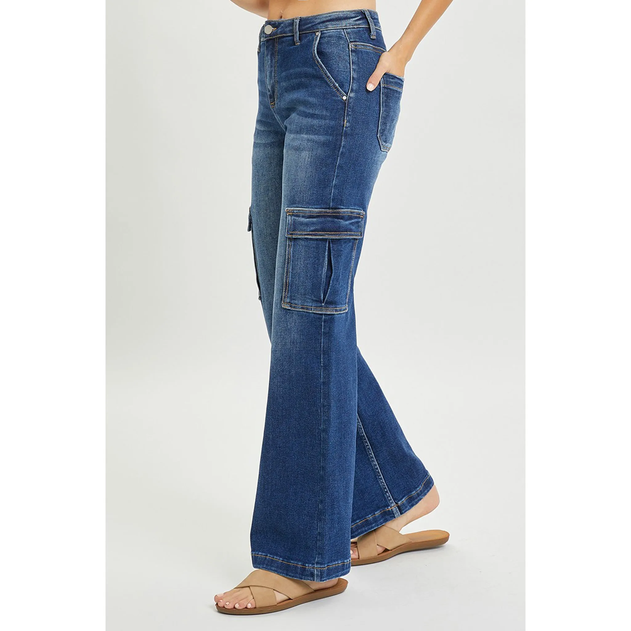 Risen Women's Dark Wash High Rise Wide Leg Cargo Jeans sold by Western Edge product image thumbnail 3