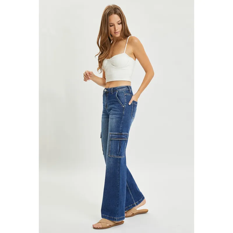 Risen Women's Dark Wash High Rise Wide Leg Cargo Jeans made by Risen