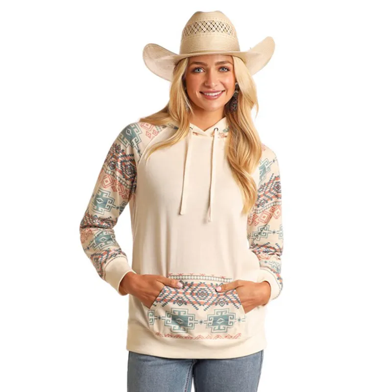Rock & Roll Women's Natural & Aztec Sleeve Hoodie made by Western Edge