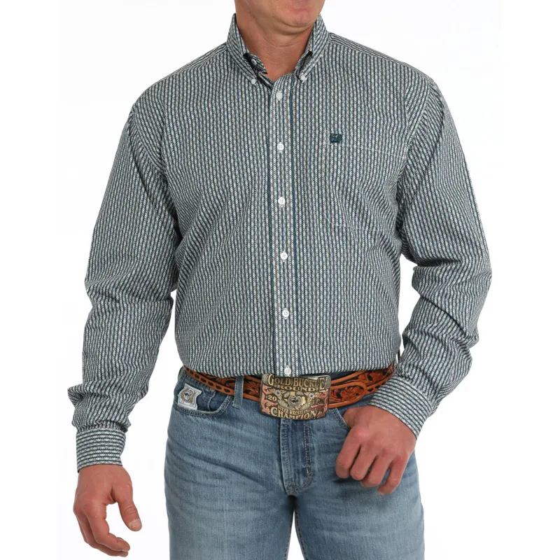 Cinch Men's Geo Stripe Green & White Long Sleeve Shirt sold by Western Edge